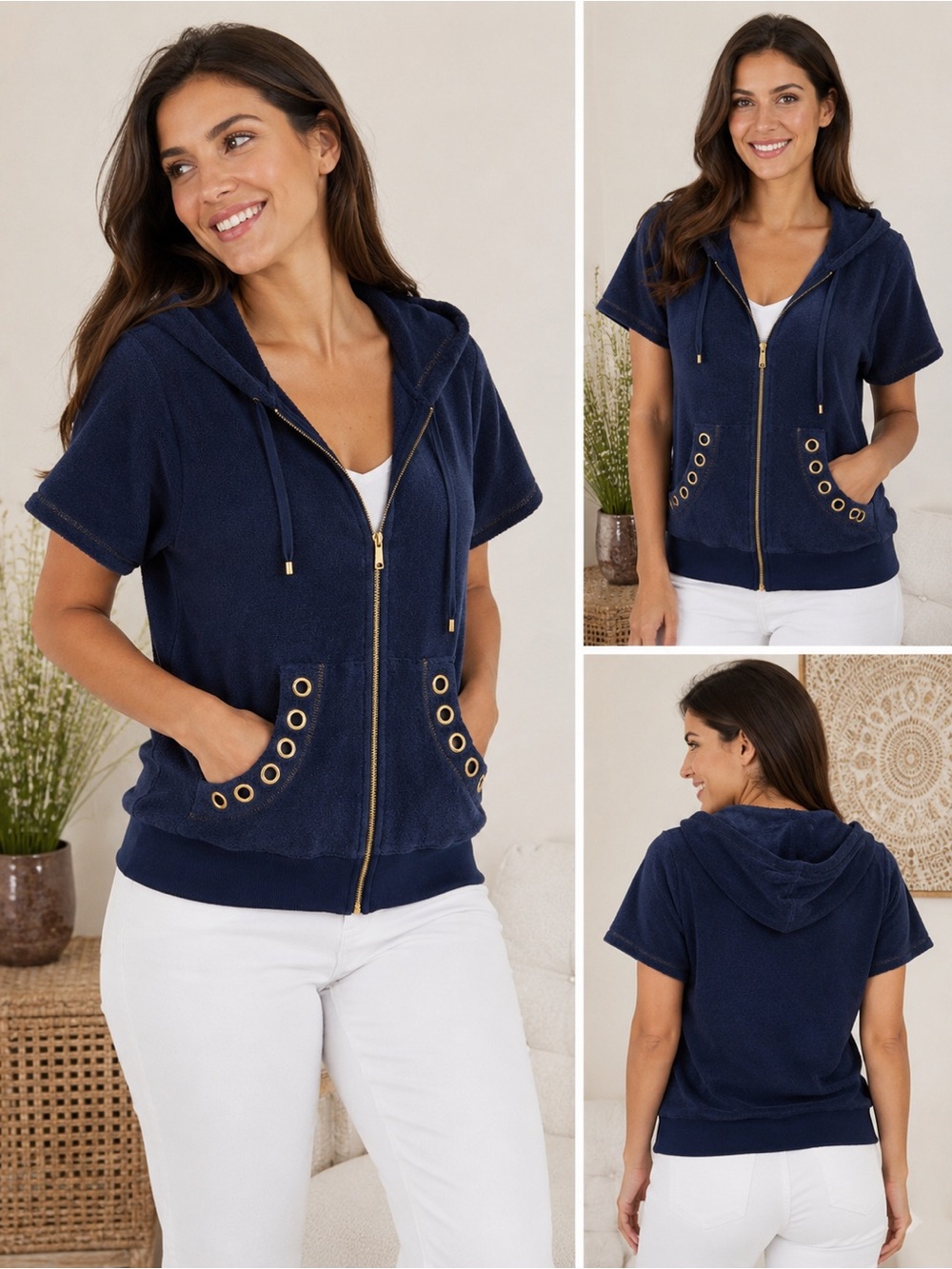 Navy Short-Sleeve Hooded Zip Front Top with Grommet Pockets